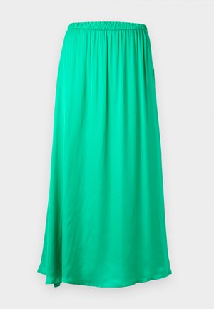 Zelená sukňa po členky vyrobená z hladkej látky s elastickým pásom a splývavým strihom. Bez vzorov alebo dekorácií.