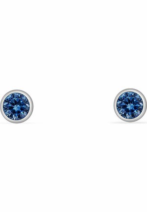 Two round stud earrings featuring deep blue gemstones, set in a silver-toned metal. Each earring has a smooth finish and classic design.