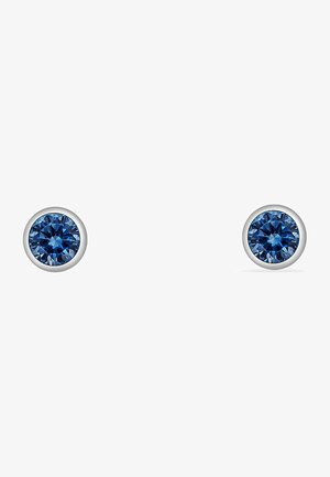 To runde stud øreringe med dybe blå ædelsten, sat i metal med sølvfarvet tone. Hver ørering har en glat overflade og et klassisk design.