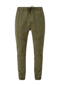 Olijfgroene tapse broek met elastische tailleband, verstelbaar trekkoord, gestikte knieën en elastische boorden.