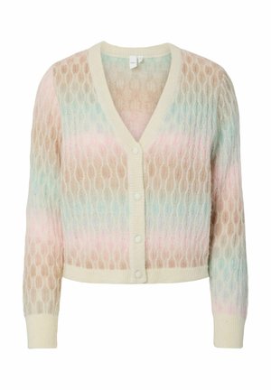 Kardigan na guziki z dekoltem w serek, z wzorem warkoczowym w pastelowych odcieniach beżu, różu, niebieskiego i kremowego, z długimi rękawami i ściągaczami na mankietach.