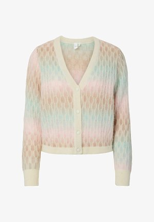 Cardigan à boutons et encolure en V avec motif en mailles torsadées dans des tons pastel beige, rose, bleu et crème, avec des manches longues et des poignets côtelés.