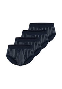 Pack de quatre slips bleu marine avec un motif rayé bleu clair, dotés d'une taille élastique douce et d'une coupe de slip traditionnelle.