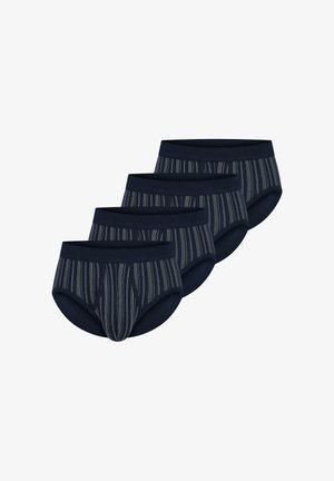 Pacco di quattro slip blu scuro con un motivo a strisce blu chiaro, con una morbida cintura elastica e un taglio tradizionale.