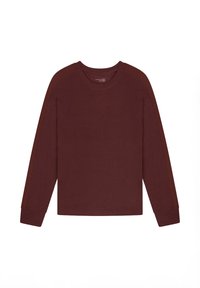 Burgundy long-sleeve top with round neckline, fitted cuffs, and side panel design. Made from soft, textured fabric.