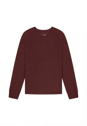 Burgunderfarbene Bluse mit langen Ärmeln, Rundhalsausschnitt, taillierten Bündchen und seitlichem Design. Hergestellt aus weichem, strukturiertem Stoff.