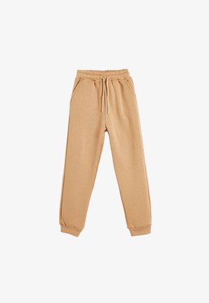 Khaki joggerbroek gemaakt van een zachte katoenmix, met een elastische tailleband met trekkoord, zijzakken en elastische boorden bij de enkels.