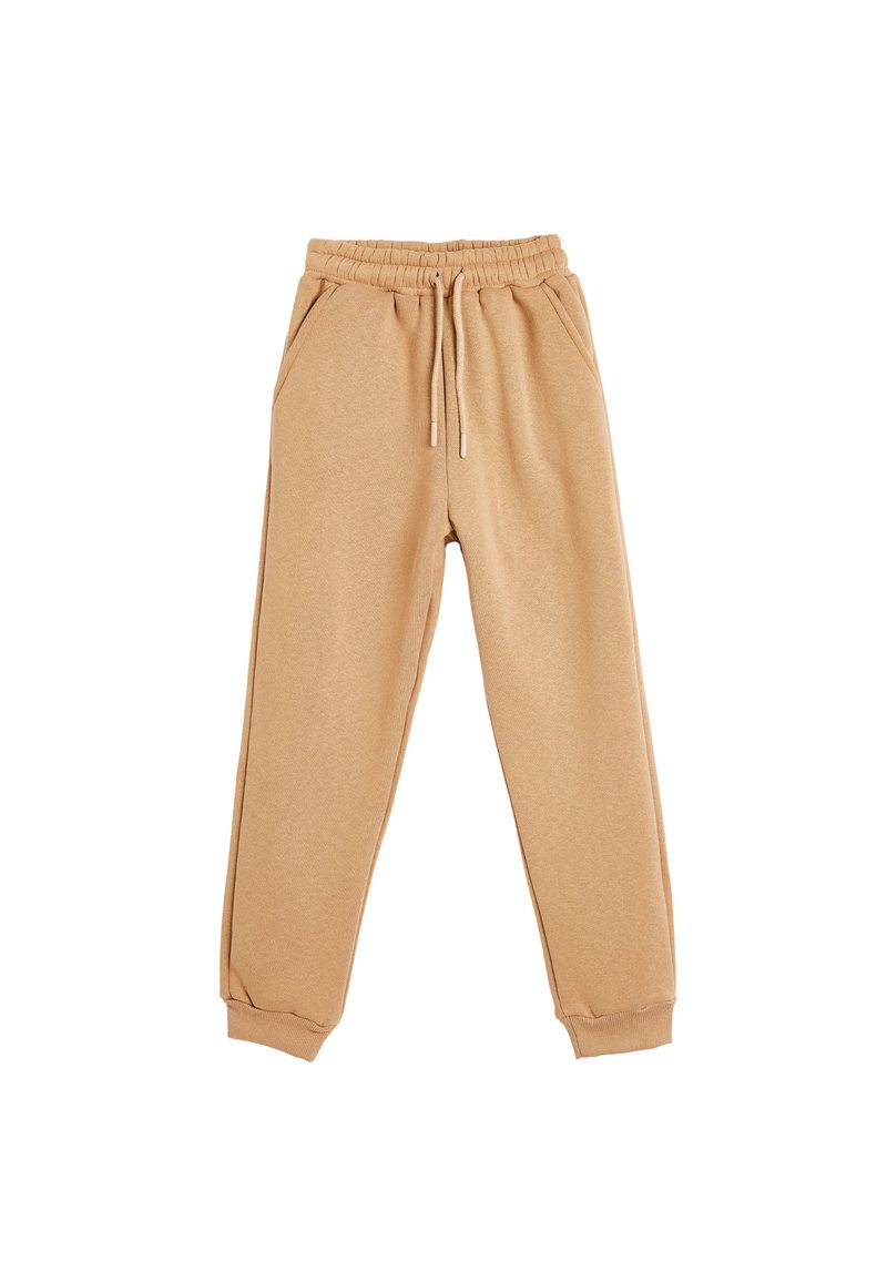 Pantalones jogger color caqui hechos de una suave mezcla de algodón, con cinturilla elástica y cordón, bolsillos laterales y puños elásticos en los tobillos.