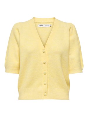 Soft yellow short-sleeve cardigan with V-neck, five fabric-covered buttons down front, and ribbed hem and cuffs.