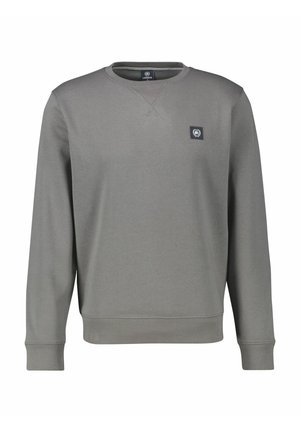 Grauer Pullover aus weichem Stoff, mit rundem Ausschnitt, langen Ärmeln, gerippten Bündchen und einem kleinen marineblauen Logopatch auf der Brust.