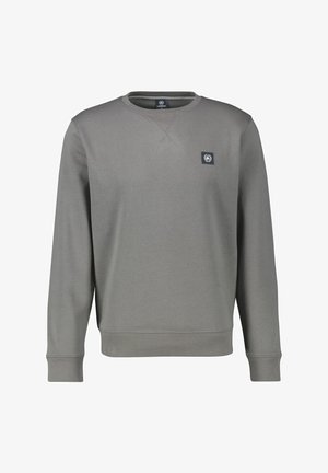 Grauer Pullover aus weichem Stoff, mit rundem Ausschnitt, langen Ärmeln, gerippten Bündchen und einem kleinen marineblauen Logopatch auf der Brust.