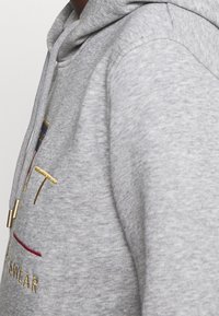 Felpa con cappuccio grigia dalla texture morbida, con cappuccio regolabile tramite coulisse e dettagli ricamati in rosso, blu e oro sul davanti.