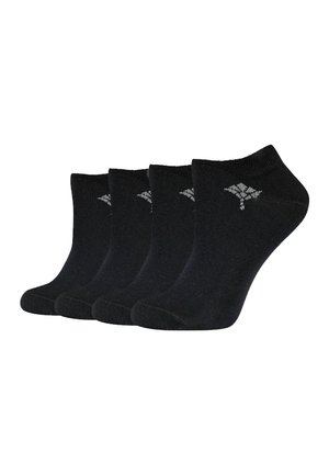 Schwarze Knöchelsocken aus weichem Stoff, mit einem gerippten Bündchen und einem dezenten grauen Logomuster auf der Außenseite. Packung mit vier Paaren.