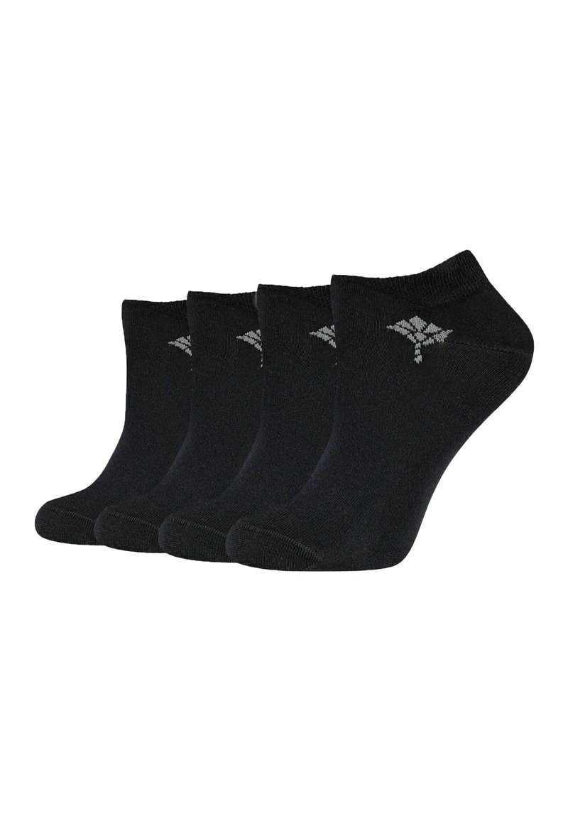 Schwarze Knöchelsocken aus weichem Stoff, mit einem gerippten Bündchen und einem dezenten grauen Logomuster auf der Außenseite. Packung mit vier Paaren.