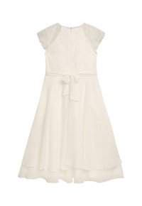 Weißes Kleid mit Spitzentop, kurzen Ärmeln, fließendem Rock, Taillenschnürung und Reißverschluss am Rücken.