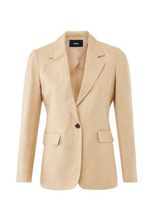 Beige blazer met een notch-revers, enkele knoopsluiting, twee voorzakken en een getailleerde pasvorm. Gemaakt van een lichtgewicht, gestructureerde stof.