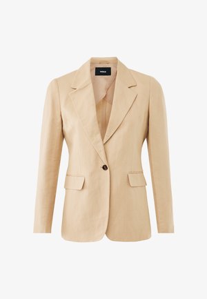 Beige blazer met een notch-revers, enkele knoopsluiting, twee voorzakken en een getailleerde pasvorm. Gemaakt van een lichtgewicht, gestructureerde stof.