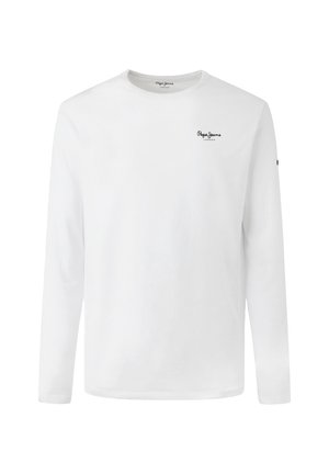 Biele tričko s dlhým rukávom a okrúhlym výstrihom, s malým čiernym logom "Pepe Jeans London" na ľavej strane hrude a jednoduchým dizajnom.