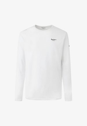 Biała koszulka z długim rękawem i okrągłym dekoltem, z niewielkim czarnym logo "Pepe Jeans London" na lewej piersi i gładkim wzorem.