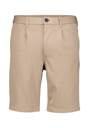 Shorts beige alla lunghezza del ginocchio con chiusura a bottone, passanti per cintura e pieghe frontali, realizzati in un tessuto morbido e strutturato.