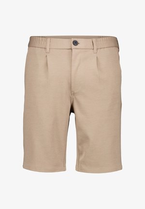 Beige knielange shorts met knoopsluiting, riemlussen en voorplooien, gemaakt van een zachte, getextureerde stof.