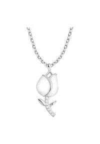 Sølv vedhæng necklace formet som en rose, med en glat, poleret overflade og funklende detaljer på stilken. Kæde inkluderet.