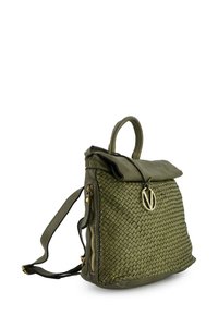 Olive green woven leather backpack with a flap closure, top handle, and adjustable shoulder strap. Features gold-tone hardware accents.