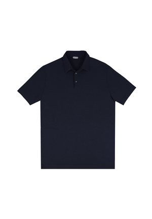 Navyblaues Kurzarm-Polohemd aus Baumwolle. Klassischer Kragen mit drei Knöpfen und geradem Saum. Weiche Textur, einfaches Design.