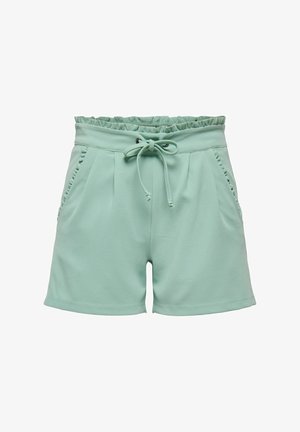 Mint green shorts made of soft fabric, featuring an elastic waistband with ruffle detail, drawstring tie, and side pockets.