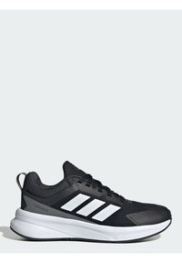 Baskets de sport en mesh noir avec un design à trois bandes blanches, semelle rembourrée et une boucle au talon pour un enfilage facile.