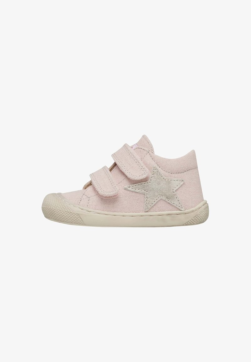 Pink canvas high-top shoes with two velcro straps and a silver star detail on the side. Rubber sole with a textured grip.