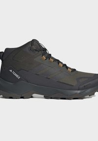 Μαύρο και σκούρο ελιά Adidas Terrex μισού ύψους παπούτσι πεζοπορίας με επάνω μέρος από δίχτυ, κλείσιμο με κορδόνια, ανθεκτική σόλα και αδιάβροχη τεχνολογία Gore-Tex.