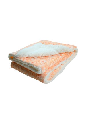 Coperta morbida piegata con motivo floreale arancione su un lato e fodera bianca e soffice sull'altro.