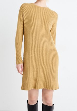 Femme portant une robe en maille côtelée couleur camel, longueur genou, manches longues, associée à des bottes noires montant jusqu'aux genoux, sur un fond uni.
