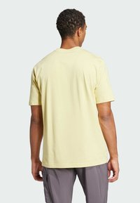 Světle žluté bavlněné tričko s krátkými rukávy a kulatým výstřihem, s hladkou texturou a uvolněným střihem, viděné ze zadní strany.