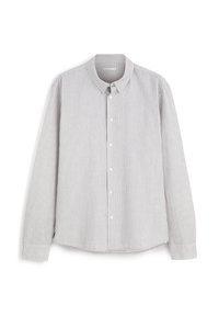 Koszula zapinana na guziki w szarym i białym wzorze w kratę, z kołnierzem typu spread, długimi rękawami i prostym dołem. Wykonana z tkaniny mieszanki bawełnianej.