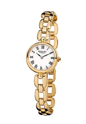 Montre dorée avec un cadran rond blanc, chiffres romains, et un bracelet à maillons présentant des formes ovales et arrondies.