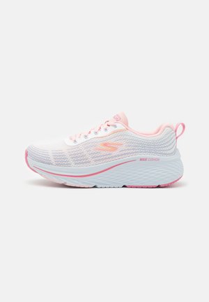 White and light pink running shoe with a textured mesh upper, cushioned sole, and a pink accent line. Features logo on side.