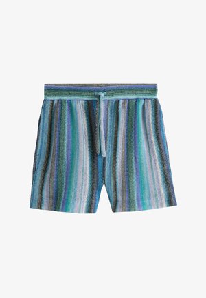 Gestrickte Shorts mit vertikalen Streifen in Blau, Türkis, Violett und Weiß, mit Kordelzugbund.