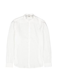Camisa blanca de manga larga con cuello mandarín, botones frontales y puños abotonados. Confeccionada en una tela ligera y texturizada.