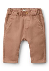 Růžové bavlněné kalhoty s elastickým pasem, předními kapsami a jedním knoflíkem jako detailem. Hladká textura a rovný střih.