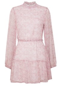 Helles rosa langärmliges Kleid mit kleinem Blumenmuster, hohem Kragen, Rüschendetail in der Taille und ausgestellt Rock.