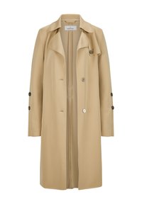 Beige-Trenchcoat aus glattem Stoff, mit Kragen, doppelter Knopfverschluss und drei Knöpfen an jedem Ärmel.