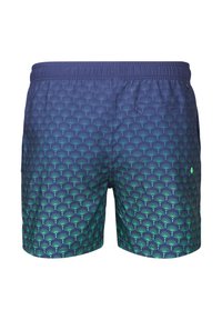 Costumini da bagno blu con motivo di foglie di palma verdi, cintura elastica e tasca sul retro. Tessuto strutturato con un design gradient.