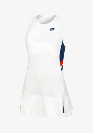 Vestido sin mangas blanco con paneles laterales en azul marino y rojo, con un dobladillo acampanado, fabricado en tejido suave y que muestra un logo en el pecho.