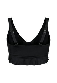 Zwarte bralette met verstelbare bandjes en ruches aan de onderkant, gezien vanaf de achterkant op een witte achtergrond.