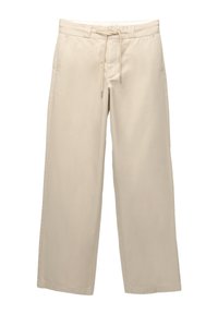 Beige vide bukser med drawstring-talje, sidelommer og bæltestropper, designet til afslappet brug.