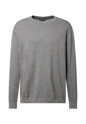 Helles graues Sweatshirt aus weichem Strickmaterial, mit einem runden Ausschnitt, langen Ärmeln, gerippten Bündchen und Saum. Schlichtes, einfarbiges Design.