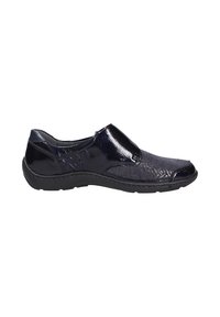 Scarpa nera slip-on con finitura lucida, caratterizzata da un corpo testurizzato e accenti lisci. Punta arrotondata e suola in gomma flessibile.