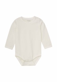 Långärmad babybodysuit i off-white bomull med rund halsringning och tryckknappslås i nederkant för enkel byten. Mjuk textur.